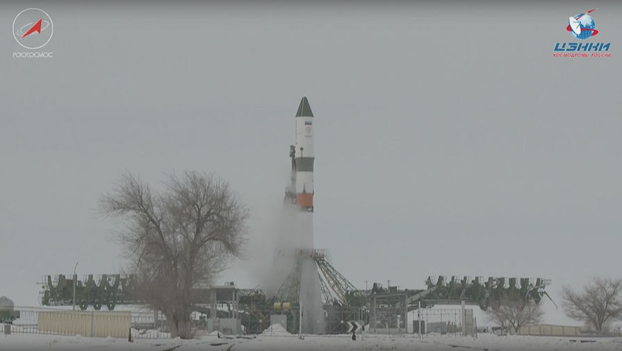 Кадр из трансляции запуска ракеты «Союз-2.1а» с кораблем «Прогресс МС-08» с космодрома Байконур, 13 февраля 2018 года