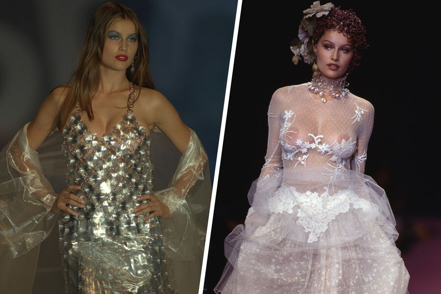 Летиция Каста на&nbsp;показе коллекции Paco Rabanne 1997 (слева) и на&nbsp;показе Lolita Lempicka 1997