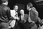 Журналист, ведущий Эдуард Сагалаев, актер театра и кино Ролан Быков и писатель Фазиль Искандер на съемках популярного ток-шоу «12 этаж» на Центральном телевидении Гостелерадио СССР, 1986 год

