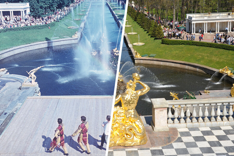 Вид на&nbsp;Большой каскад в&nbsp;Петергофе в&nbsp;1966-м и в&nbsp;2019 году