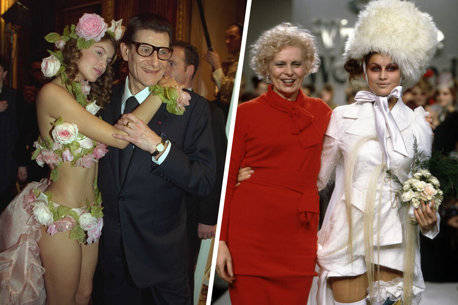 Летиция Каста с&nbsp;модельером Ивом Сен-Лораном на&nbsp;показе коллекции Yves Saint Laurent 2000 (слева) и модель с&nbsp;модельером Вивьен Вествуд на&nbsp;показе коллекции Vivienne Westwood 1996-1997