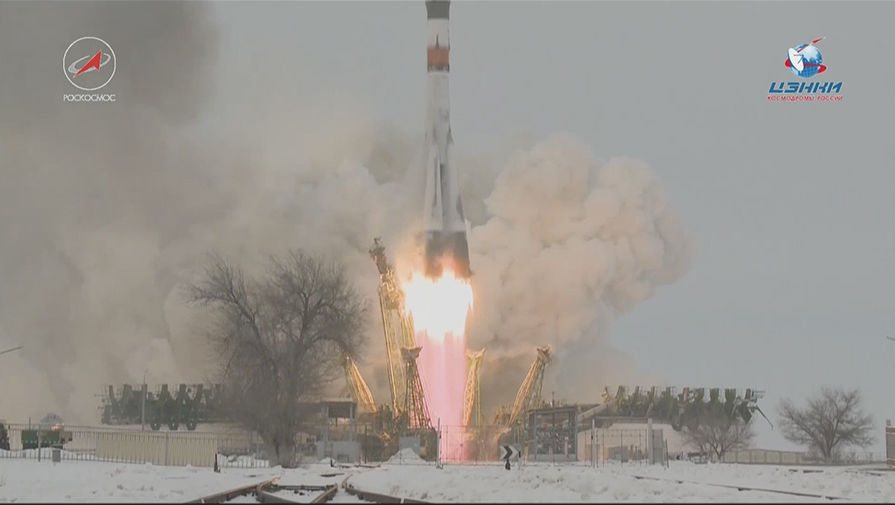 Кадр из трансляции запуска ракеты «Союз-2.1а» с кораблем «Прогресс МС-08» с космодрома Байконур, 13 февраля 2018 года