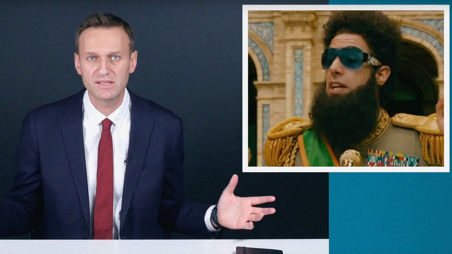 Алексей Навальный и скриншот из&nbsp;фильма с&nbsp;Сашей Бароном Коэном &laquo;Диктатор&raquo; (2012) в&nbsp;видеообращении к&nbsp;главе Росгвардии Виктору Золотову, 18 октября 2018 года
